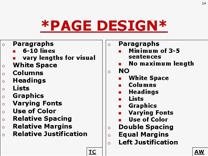 14 *PAGE DESIGN* o Paragraphs n n o o o 6 -10 lines vary