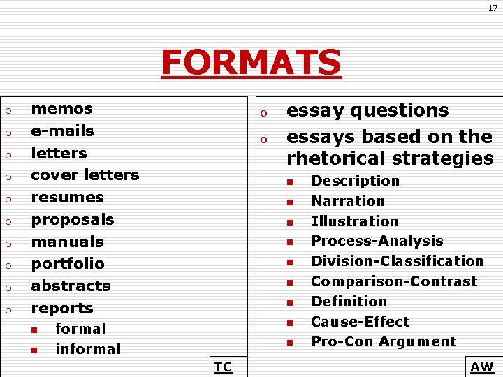 17 FORMATS o o o o o memos e-mails letters cover letters resumes proposals