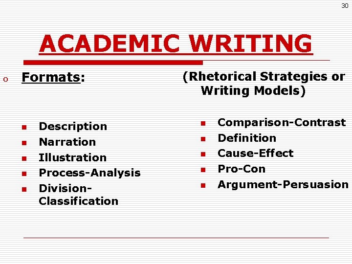 30 ACADEMIC WRITING o Formats: n n n Description Narration Illustration Process-Analysis Division. Classification