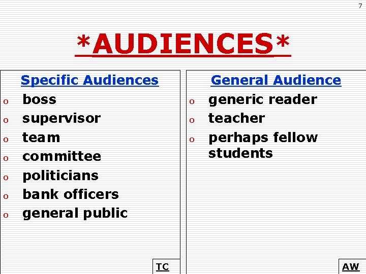 7 *AUDIENCES* o o o o Specific Audiences boss supervisor team committee politicians bank