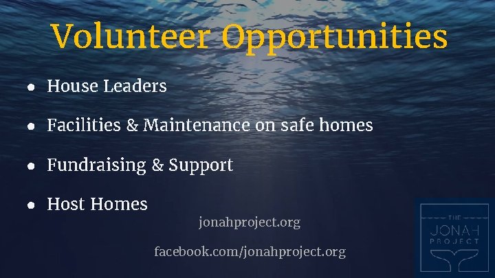 Volunteer Opportunities ● House Leaders ● Facilities & Maintenance on safe homes ● Fundraising Volunteer Opportunities ● House Leaders ● Facilities & Maintenance on safe homes ● Fundraising