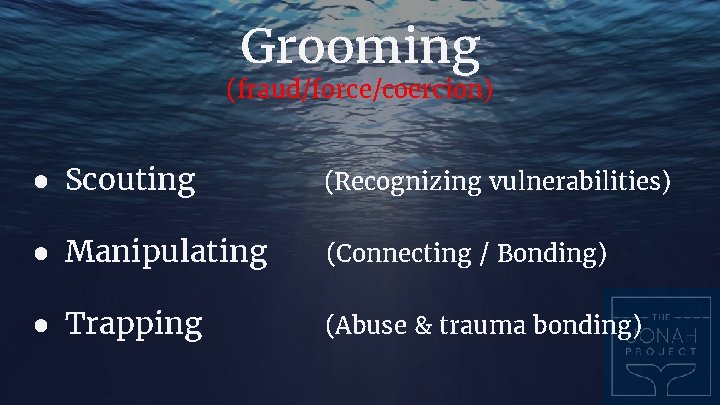 Grooming (fraud/force/coercion) ● Scouting (Recognizing vulnerabilities) ● Manipulating (Connecting / Bonding) ● Trapping (Abuse