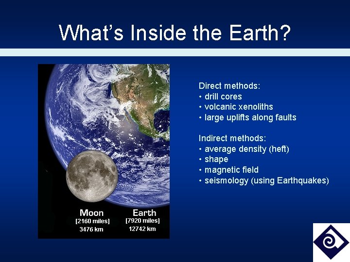 What’s Inside the Earth? Direct methods: • drill cores • volcanic xenoliths • large