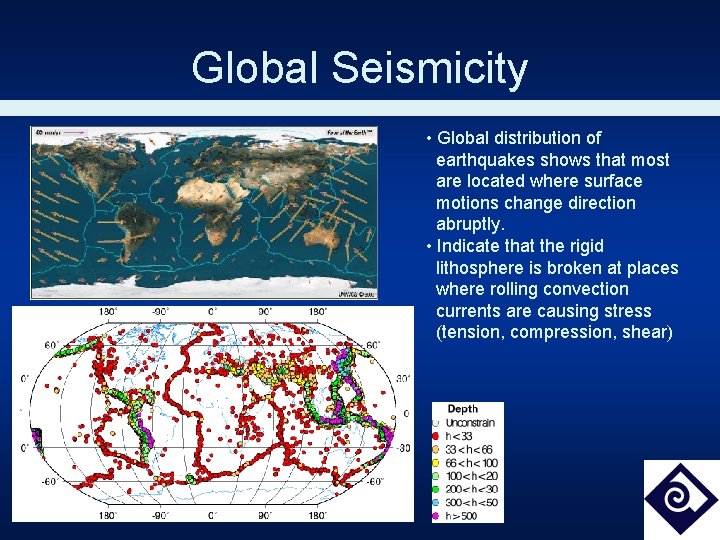 Global Seismicity • Global distribution of earthquakes shows that most are located where surface