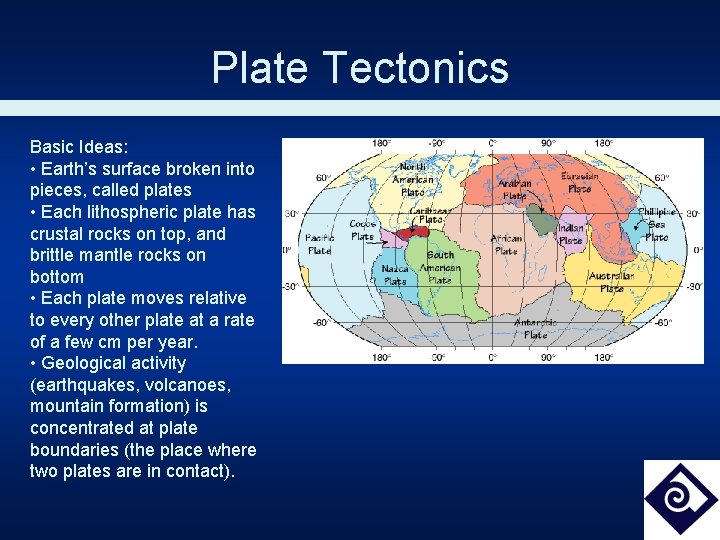 Plate Tectonics Basic Ideas: • Earth’s surface broken into pieces, called plates • Each