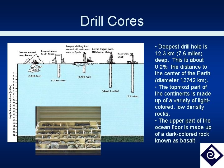 Drill Cores • Deepest drill hole is 12. 3 km (7. 6 miles) deep.