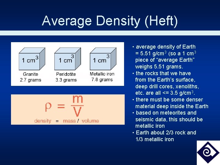 Average Density (Heft) • average density of Earth = 5. 51 g/cm 3 (so