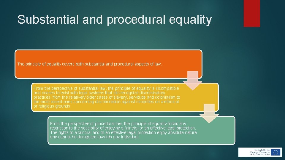Substantial and procedural equality The principle of equality covers both substantial and procedural aspects Substantial and procedural equality The principle of equality covers both substantial and procedural aspects