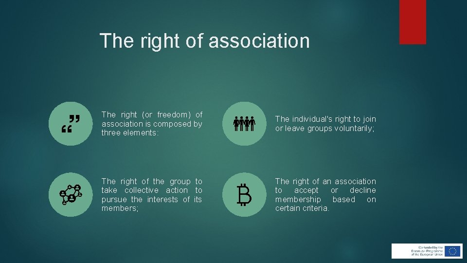 The right of association The right (or freedom) of association is composed by three The right of association The right (or freedom) of association is composed by three