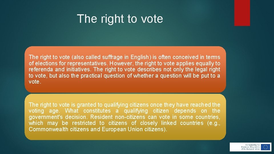 The right to vote (also called suffrage in English) is often conceived in terms The right to vote (also called suffrage in English) is often conceived in terms