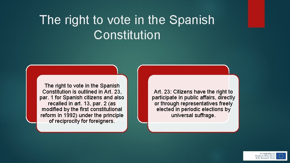 The right to vote in the Spanish Constitution is outlined in Art. 23, par. The right to vote in the Spanish Constitution is outlined in Art. 23, par.