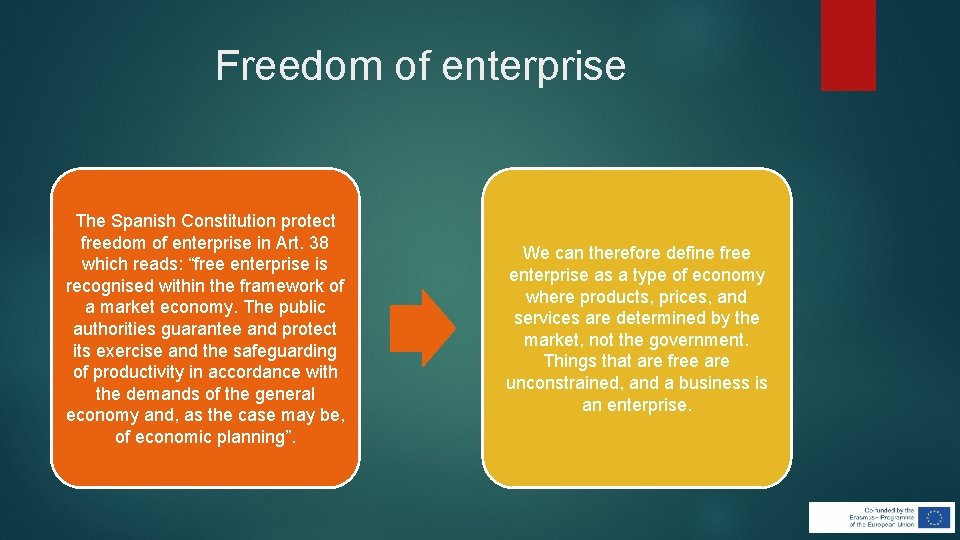 Freedom of enterprise The Spanish Constitution protect freedom of enterprise in Art. 38 which Freedom of enterprise The Spanish Constitution protect freedom of enterprise in Art. 38 which