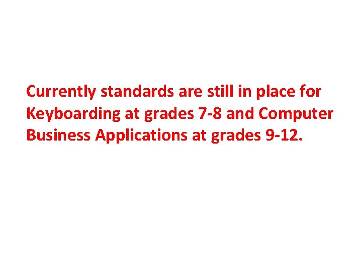 Currently standards are still in place for Keyboarding at grades 7 -8 and Computer