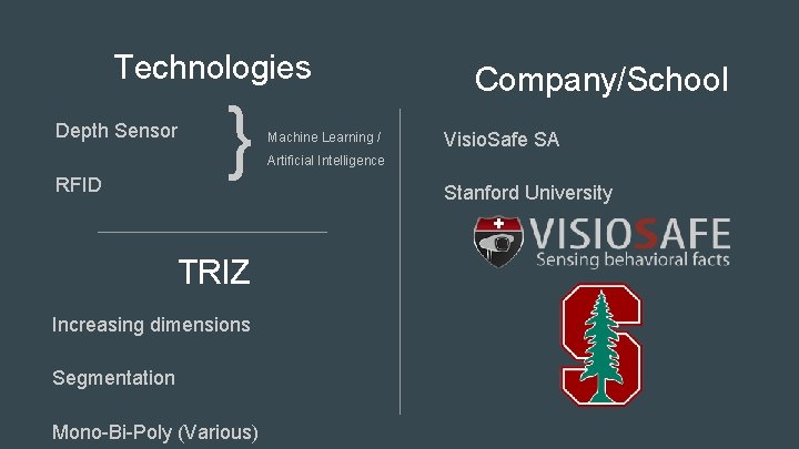 Technologies Depth Sensor RFID } Machine Learning / Company/School Visio. Safe SA Artificial Intelligence