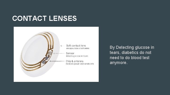 CONTACT LENSES By Detecting glucose in tears, diabetics do not need to do blood
