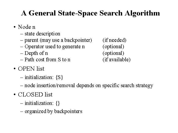 A General State-Space Search Algorithm • Node n – – – state description parent