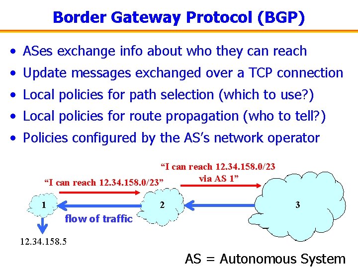 Border Gateway Protocol (BGP) • ASes exchange info about who they can reach •