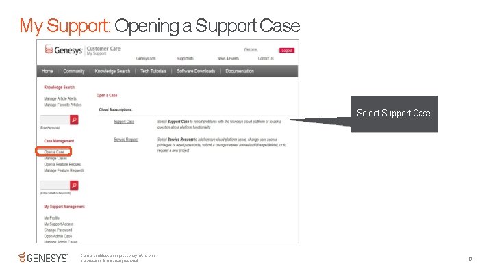 My Support: Opening a Support Case Select Support Case Genesys confidential and proprietary information. My Support: Opening a Support Case Select Support Case Genesys confidential and proprietary information.