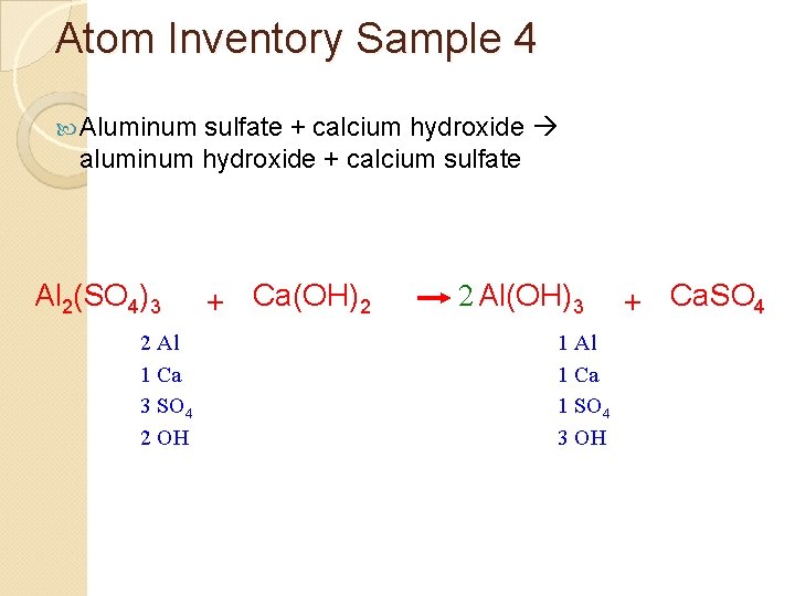 Atom Inventory Sample 4 Aluminum sulfate + calcium hydroxide aluminum hydroxide + calcium sulfate