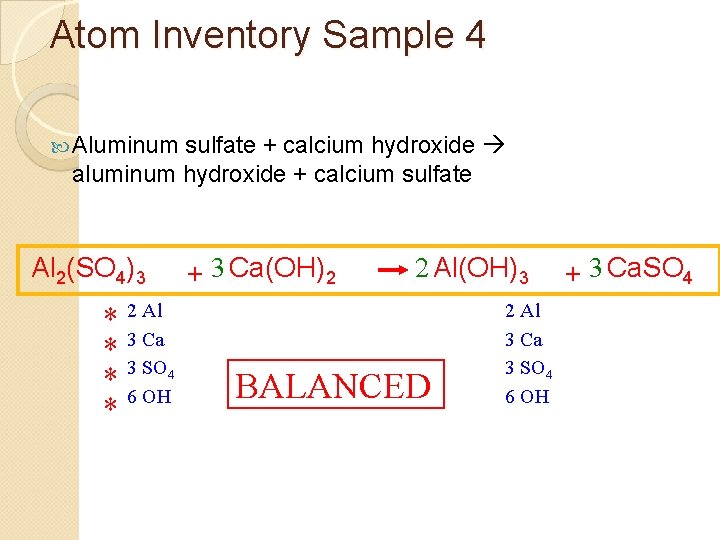 Atom Inventory Sample 4 Aluminum sulfate + calcium hydroxide aluminum hydroxide + calcium sulfate