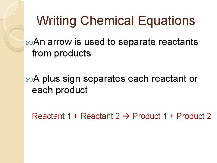 Writing Chemical Equations An arrow is used to separate reactants from products A plus
