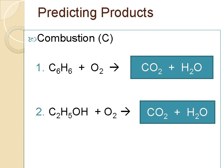 Predicting Products Combustion (C) 1. C 6 H 6 + O 2 2. C