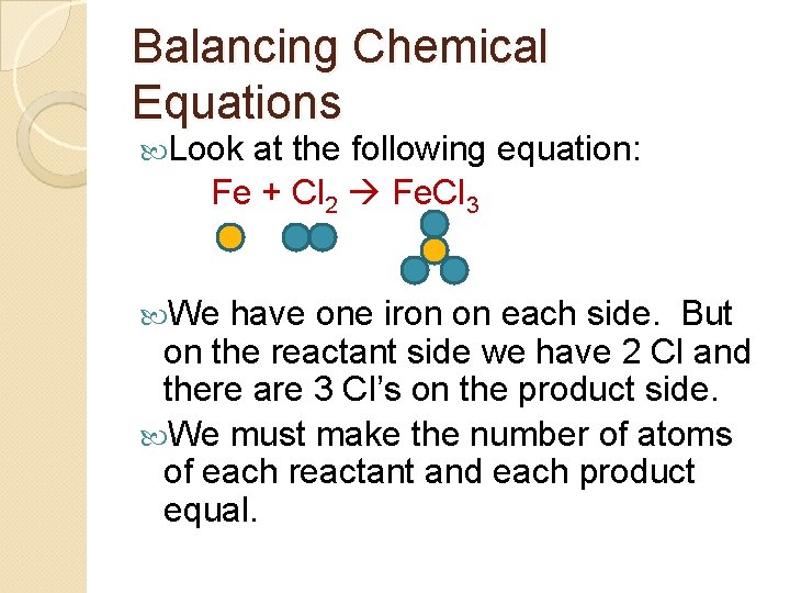 Balancing Chemical Equations Look at the following equation: Fe + Cl 2 Fe. Cl