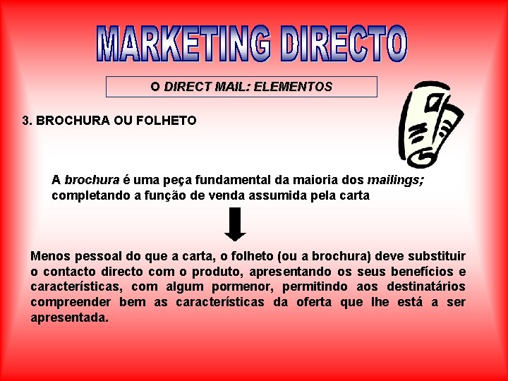 O DIRECT MAIL: ELEMENTOS 3. BROCHURA OU FOLHETO A brochura é uma peça fundamental