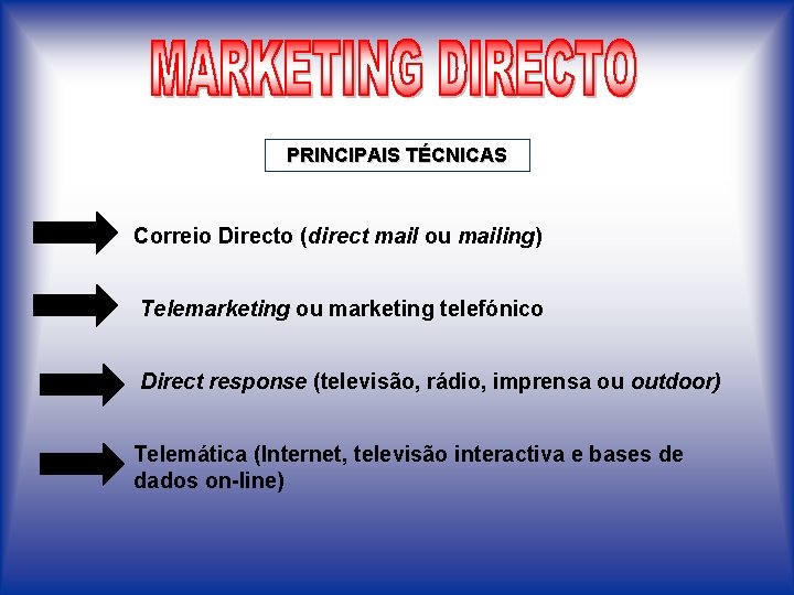 PRINCIPAIS TÉCNICAS Correio Directo (direct mail ou mailing) Telemarketing ou marketing telefónico Direct response