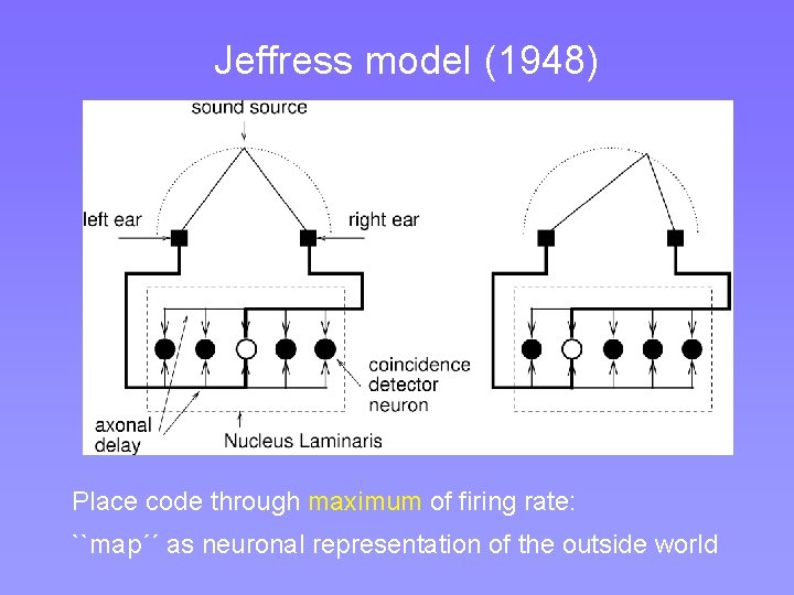 Jeffress model (1948) Place code through maximum of firing rate: ``map´´ as neuronal representation Jeffress model (1948) Place code through maximum of firing rate: ``map´´ as neuronal representation