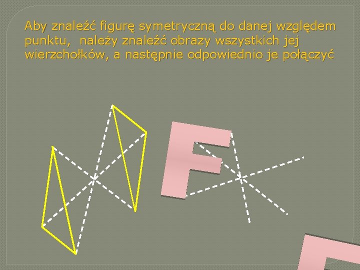Aby znaleźć figurę symetryczną do danej względem punktu, należy znaleźć obrazy wszystkich jej wierzchołków, Aby znaleźć figurę symetryczną do danej względem punktu, należy znaleźć obrazy wszystkich jej wierzchołków,