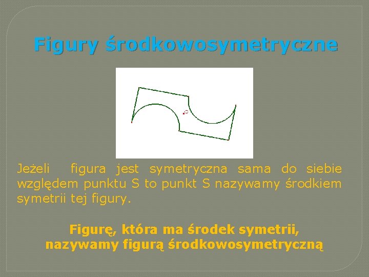 Figury środkowosymetryczne Jeżeli figura jest symetryczna sama do siebie względem punktu S to punkt Figury środkowosymetryczne Jeżeli figura jest symetryczna sama do siebie względem punktu S to punkt