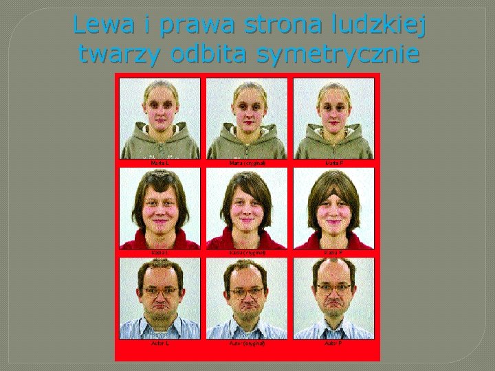 Lewa i prawa strona ludzkiej twarzy odbita symetrycznie Lewa i prawa strona ludzkiej twarzy odbita symetrycznie