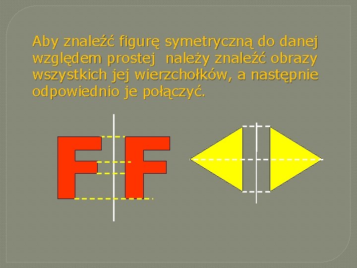 Aby znaleźć figurę symetryczną do danej względem prostej należy znaleźć obrazy wszystkich jej wierzchołków, Aby znaleźć figurę symetryczną do danej względem prostej należy znaleźć obrazy wszystkich jej wierzchołków,