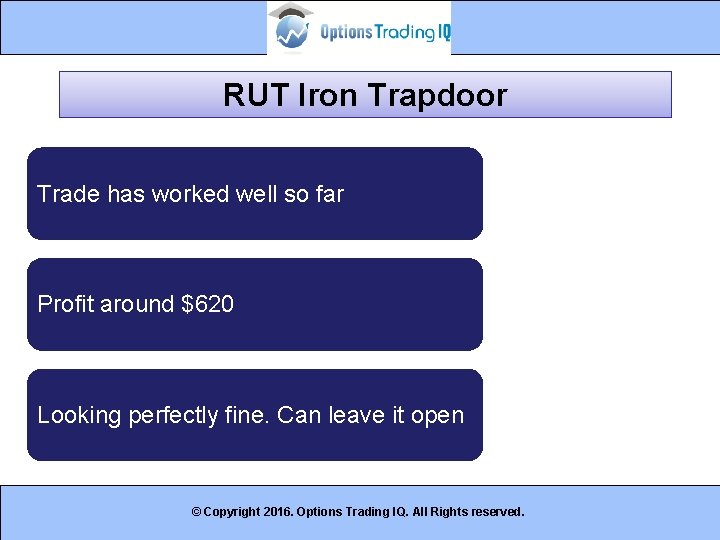 RUT Iron Trapdoor Trade has worked well so far Profit around $620 Looking perfectly