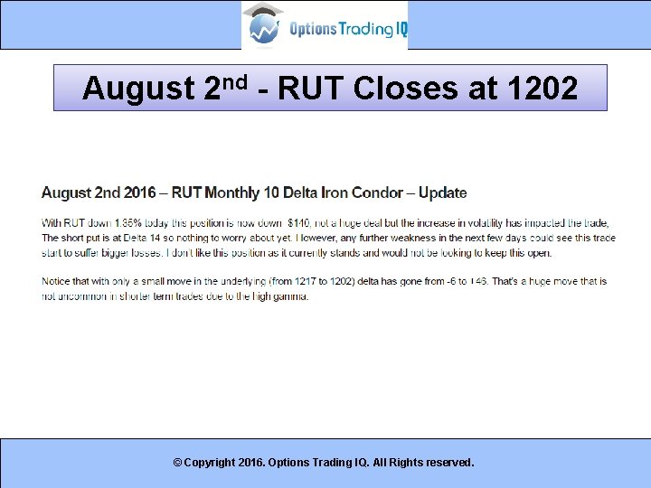 August 2 nd - RUT Closes at 1202 © Copyright 2016. Options Trading IQ.