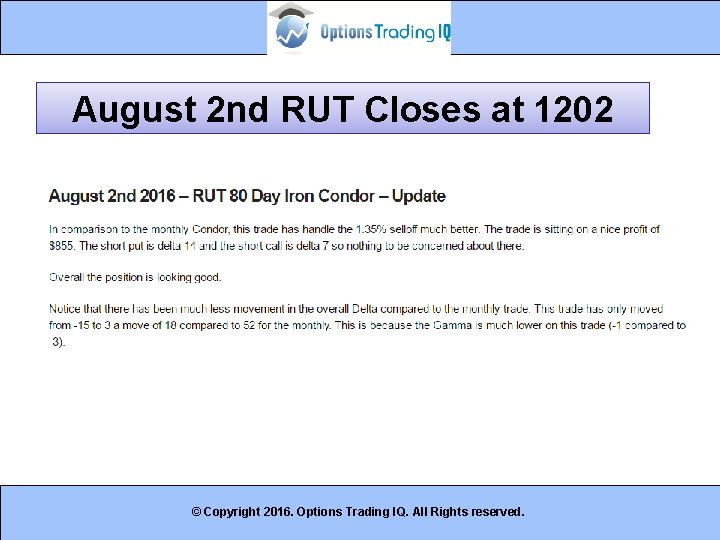 August 2 nd RUT Closes at 1202 © Copyright 2016. Options Trading IQ. All