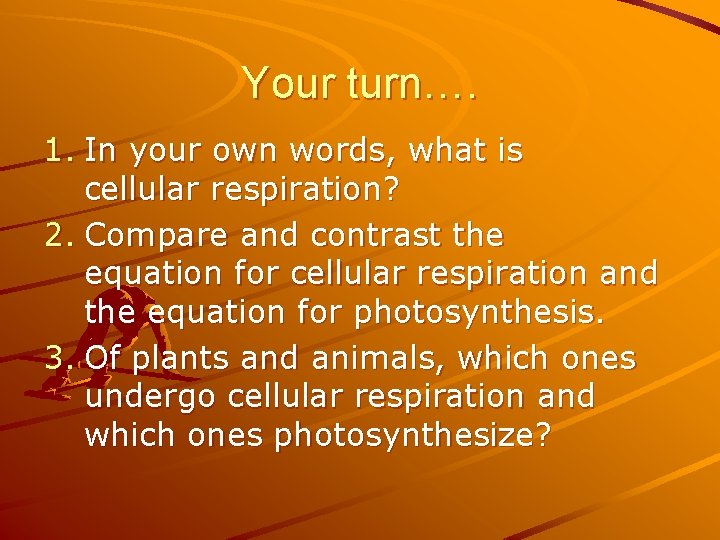 Your turn…. 1. In your own words, what is cellular respiration? 2. Compare and
