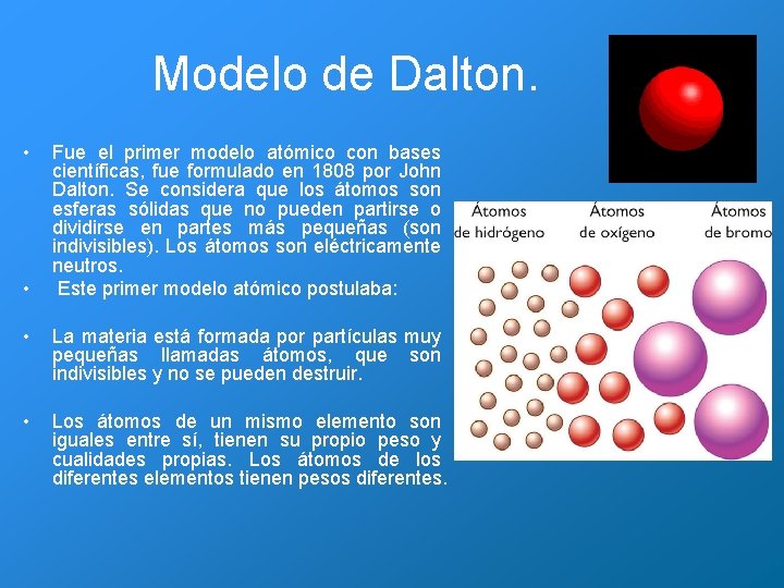 Modelo de Dalton. • • Fue el primer modelo atómico con bases científicas, fue