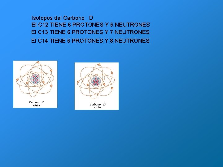 Isotopos del Carbono D El C 12 TIENE 6 PROTONES Y 6 NEUTRONES El