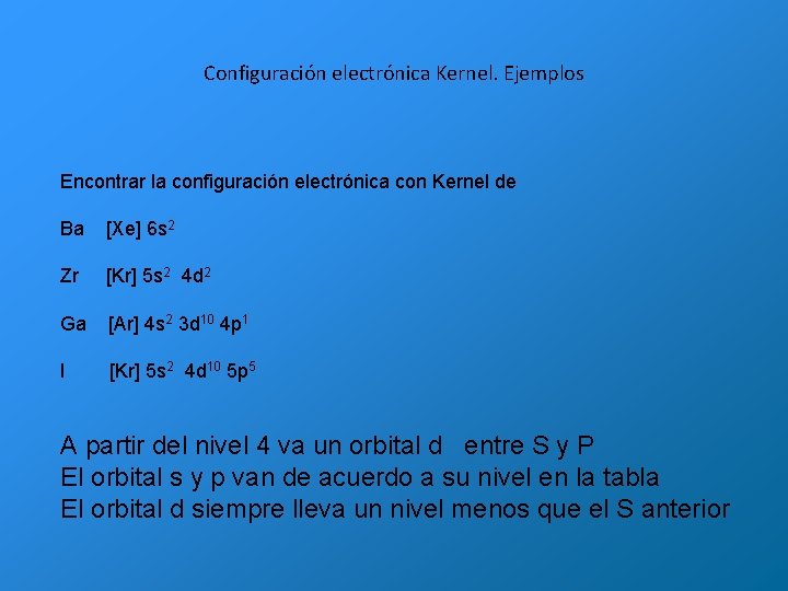 Configuración electrónica Kernel. Ejemplos Encontrar la configuración electrónica con Kernel de Ba [Xe] 6