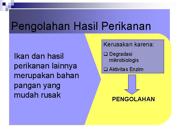 Pengolahan Hasil Perikanan Kerusakan karena: Ikan dan hasil perikanan lainnya merupakan bahan pangan yang