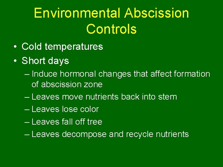 Environmental Abscission Controls • Cold temperatures • Short days – Induce hormonal changes that