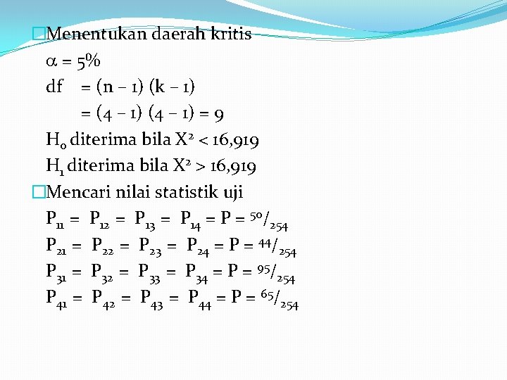 �Menentukan daerah kritis = 5% df = (n – 1) (k – 1) =
