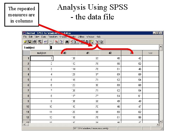 The repeated measures are in columns Analysis Using SPSS - the data file 