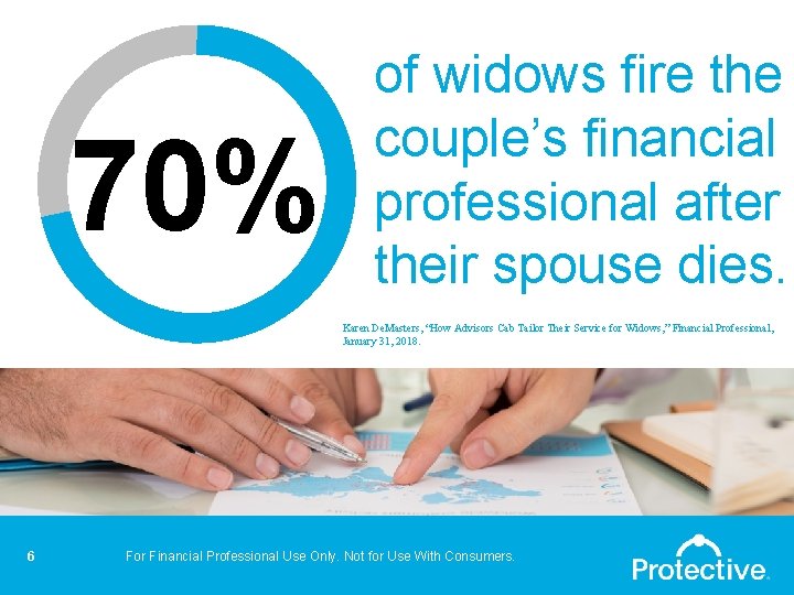 70% of widows fire the couple’s financial professional after their spouse dies. Karen De.