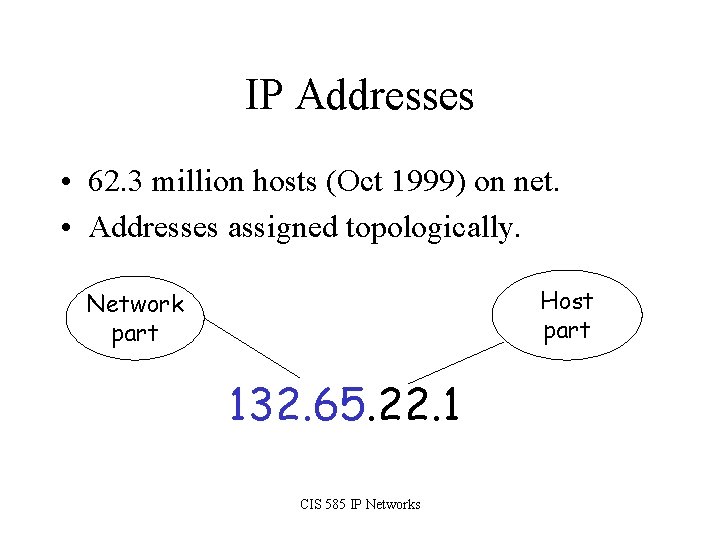 IP Addresses • 62. 3 million hosts (Oct 1999) on net. • Addresses assigned