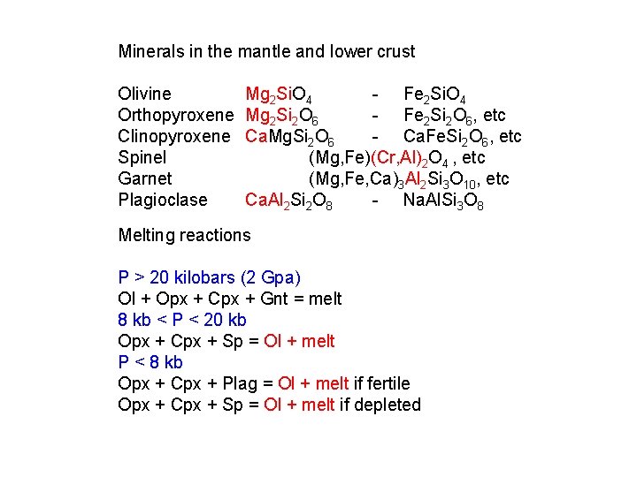 Minerals in the mantle and lower crust Olivine Orthopyroxene Clinopyroxene Spinel Garnet Plagioclase Mg