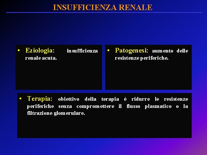 INSUFFICIENZA RENALE • Eziologia: insufficienza renale acuta. • Patogenesi: aumento delle resistenze periferiche. •