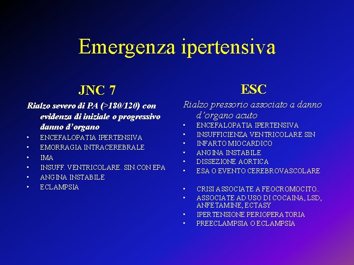 Emergenza ipertensiva ESC JNC 7 Rialzo severo di PA (>180/120) con evidenza di iniziale